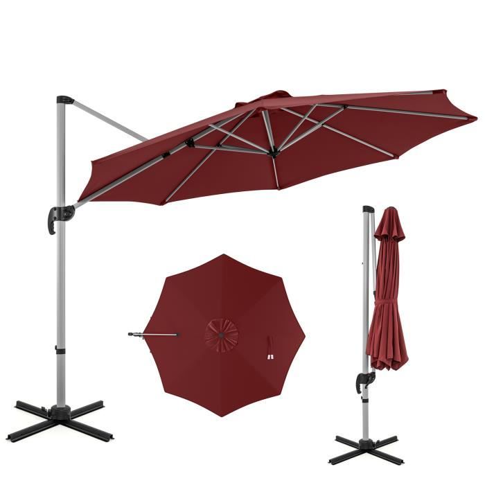 COSTWAY Parasol Déporté Inclinable Dia.339x260cm avec Base Croisée Rotation à 360°Manivelle, 8 Baleines pour Terrasse Jardin Rouge(Beige/3 x 3 m (Carré)/Avec LED et sans sable)