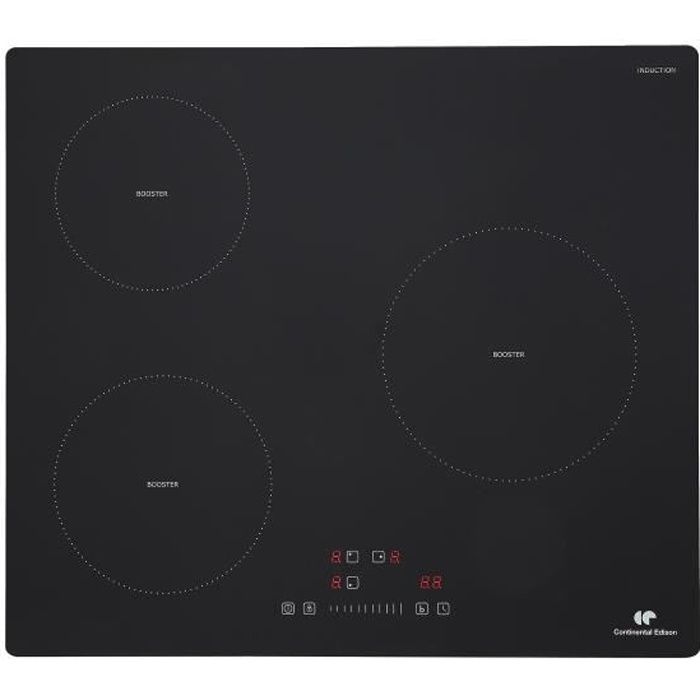 Plaque induction 3 foyers CONTINENTAL EDISON 6200W - 59 x 52 cm - 3 timers - 3 boosters - noir(3 feux)