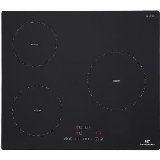 Plaque induction 3 foyers CONTINENTAL EDISON 6200W - 59 x 52 cm - 3 timers - 3 boosters - noir(3 feux)