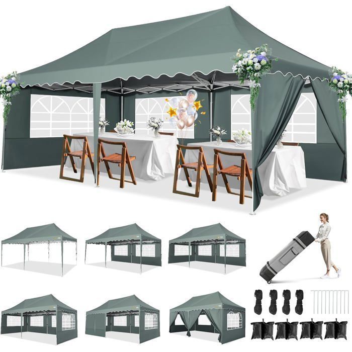 Tonnelle Barnum Pliante 3x6 de Jardin Extérieur avec 6 Parois, Sac à roulettes et 4 Sacs de Sable, Imperméable et UV50+, Gris(Blanc)