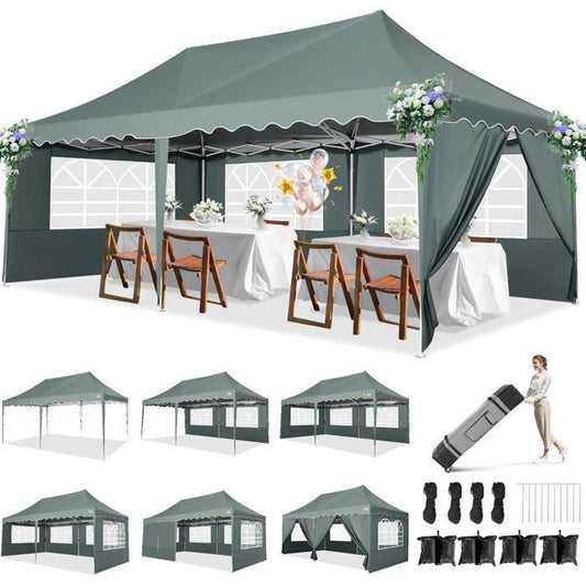 Tonnelle Barnum Pliante 3x6 de Jardin Extérieur avec 6 Parois, Sac à roulettes et 4 Sacs de Sable, Imperméable et UV50+, Gris(Blanc)