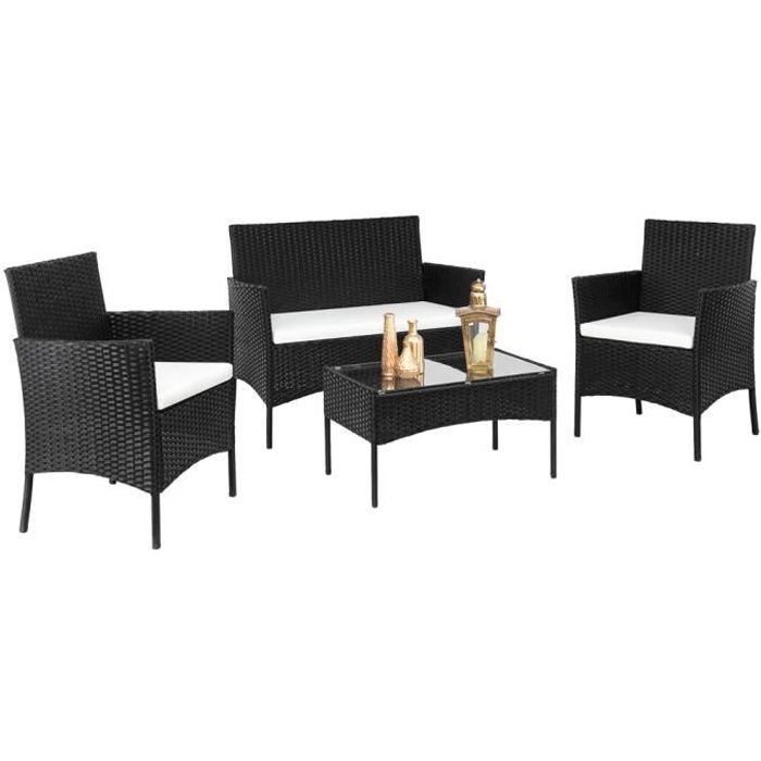 Salon Bas de Jardin en Résine Rotin 1 Canapé + 2 Fauteuil + 1 Table Basse - 4 Places - Noir(Noir/2 places)