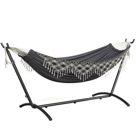 Mondeer Hamac Bohème Double Extérieur sur Pied avec Support | Charge Max 200kg | Cadre Fer Réglable + Sac de Transport | Gris(Frange tressée à 6 torons/Beige)