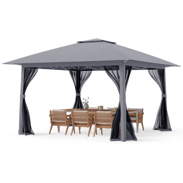 Tonnelle de Jardin Réception 394 x 394cm-COSTWAY- Pop-Up Hauteur Réglable à 3 niveaux -6 à 8 Personnes-Anti-UV Pliable pour Fête(Beige)